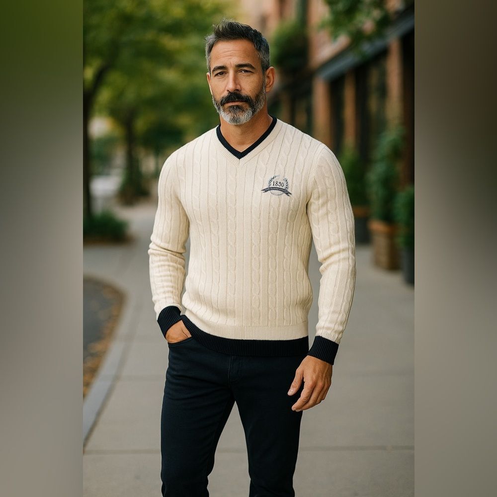 U.S. Polo Assn. Men's V-Neck Cable Knit Beige Sweater Size Large